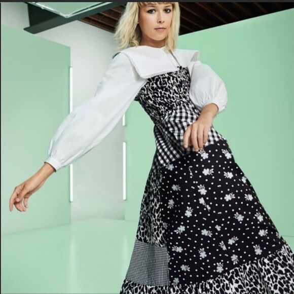 Sandy Liang x Target Black & White Gingham Floral Patchwork Cotton Midi Dress - Picture 3 of 8